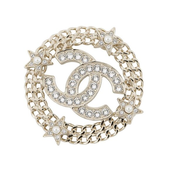CHANEL CC Logo Round Star Brooch Gold Plated/Rhinestone/Faux Pearl Champagne - Picture 1 of 8